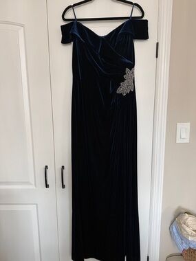 Alex Evenings Navy Blue Velvet Off-Shoulder Evening Gown with Beaded Accent